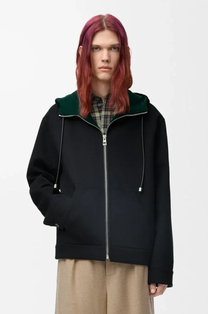 Hooded jacket in wool and cashmere Black/Green Hooded jacket in wool and cashmere Black/Green