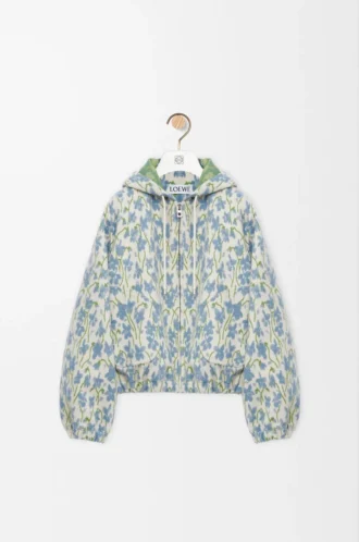 Hooded jacket in wool and cotton White/Blue