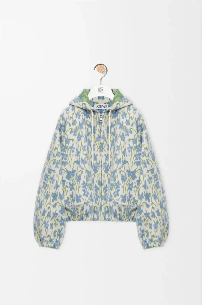 Hooded jacket in wool and cotton White/Blue Hooded jacket in wool and cotton White/Blue