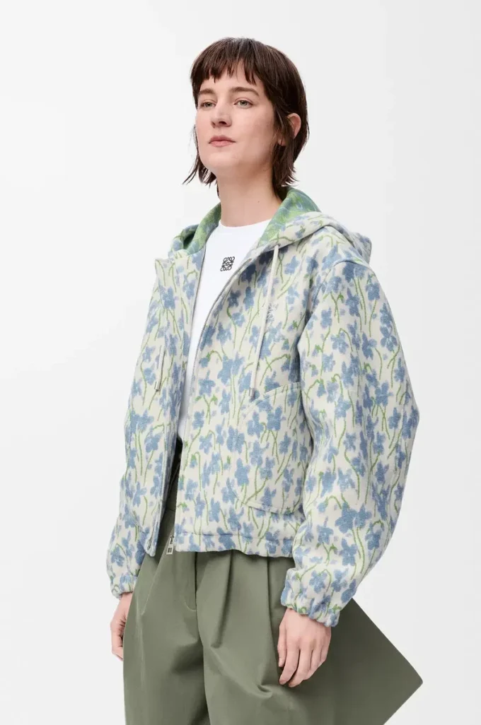 Hooded jacket in wool and cotton White/Blue Hooded jacket in wool and cotton White/Blue