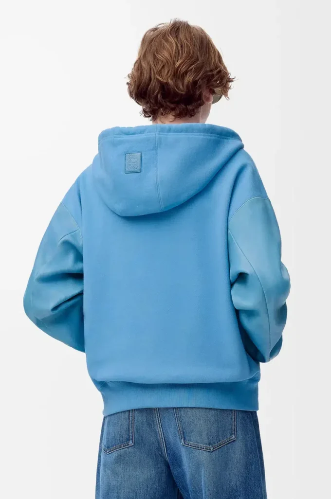 Hybrid hoodie in cotton and nappa lambskin Blue