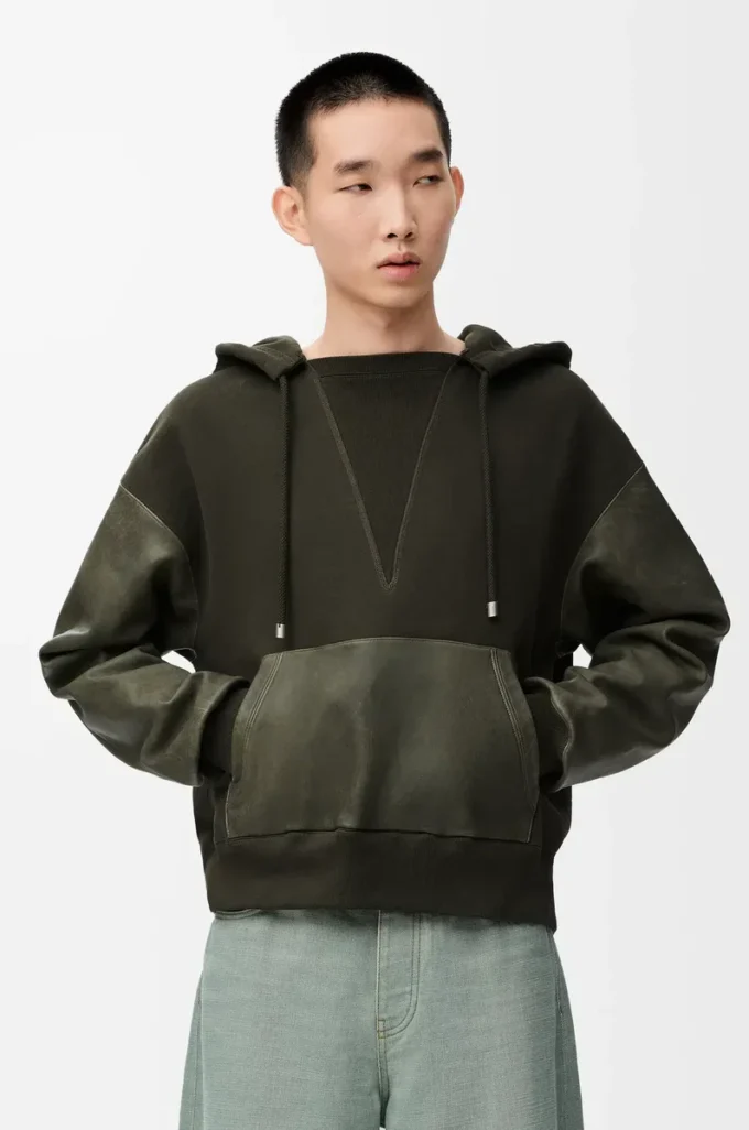 Hybrid hoodie in cotton and nappa lambskin Khaki Green Hybrid hoodie in cotton and nappa lambskin Khaki Green