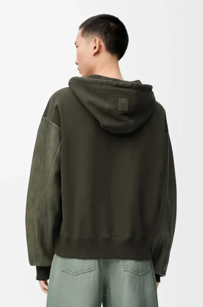 Hybrid hoodie in cotton and nappa lambskin Khaki Green Hybrid hoodie in cotton and nappa lambskin Khaki Green