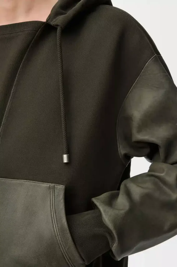 Hybrid hoodie in cotton and nappa lambskin Khaki Green Hybrid hoodie in cotton and nappa lambskin Khaki Green
