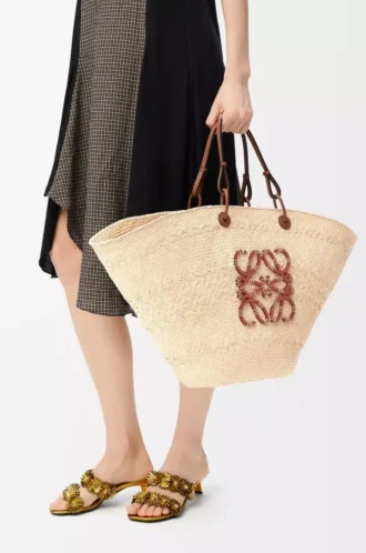 Large Anagram Basket bag in iraca palm and calfskin Natural/Tan