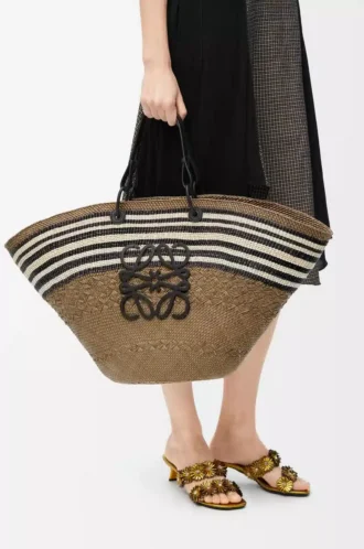 Large Anagram basket in iraca palm and calfskin Dark Khaki/Black