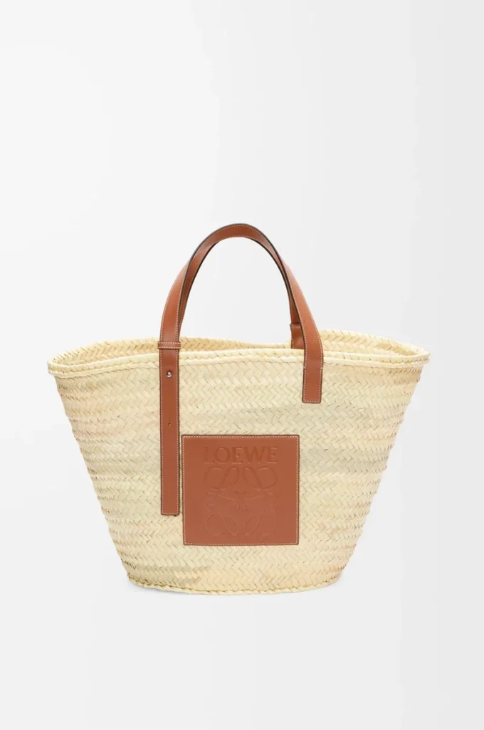 Large Classic Basket in palm leaf and calfskin Natural/Tan