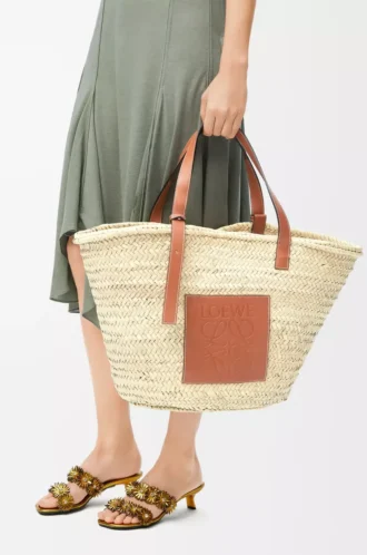 Large Classic Basket in palm leaf and calfskin Natural/Tan