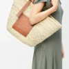 Large Classic Basket in palm leaf and calfskin Natural/Tan