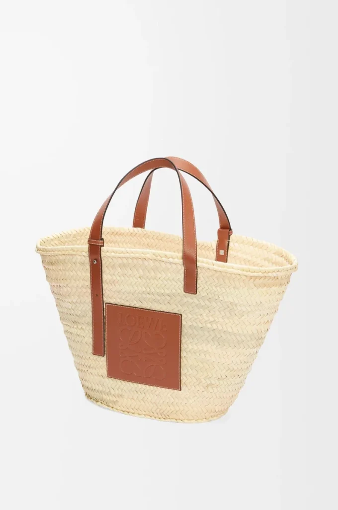 Large Classic Basket in palm leaf and calfskin Natural/Tan