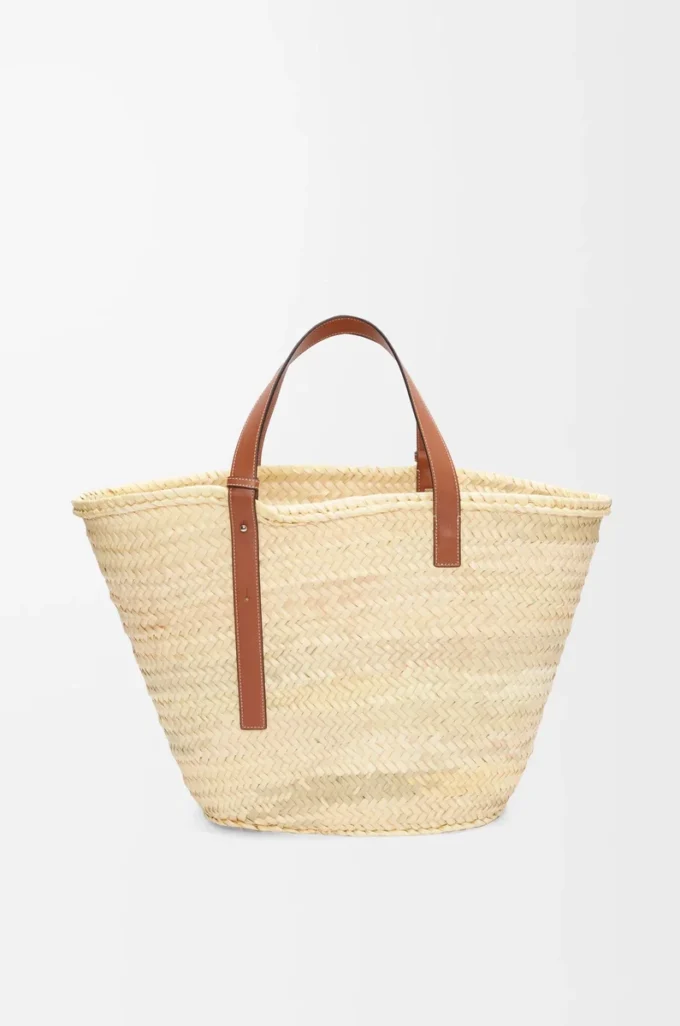 Large Classic Basket in palm leaf and calfskin Natural/Tan