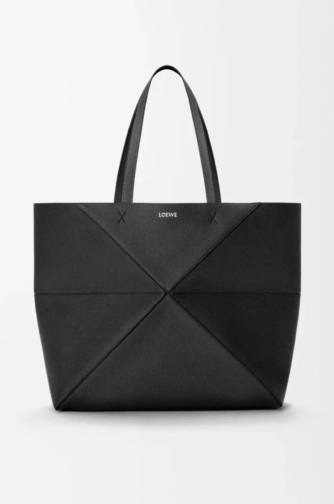 Large horizontal Puzzle Fold tote in soft grained calfskin Black