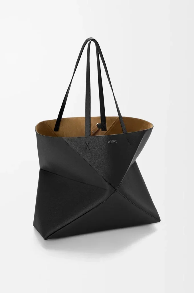 Large horizontal Puzzle Fold tote in soft grained calfskin Black