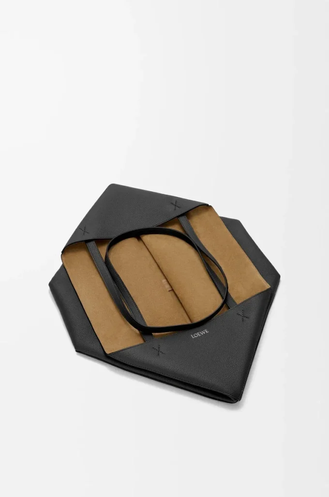 Large horizontal Puzzle Fold tote in soft grained calfskin Black