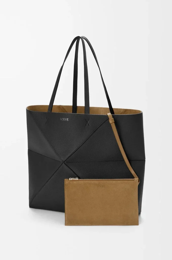 Large horizontal Puzzle Fold tote in soft grained calfskin Black