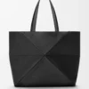 Large horizontal Puzzle Fold tote in soft grained calfskin Black