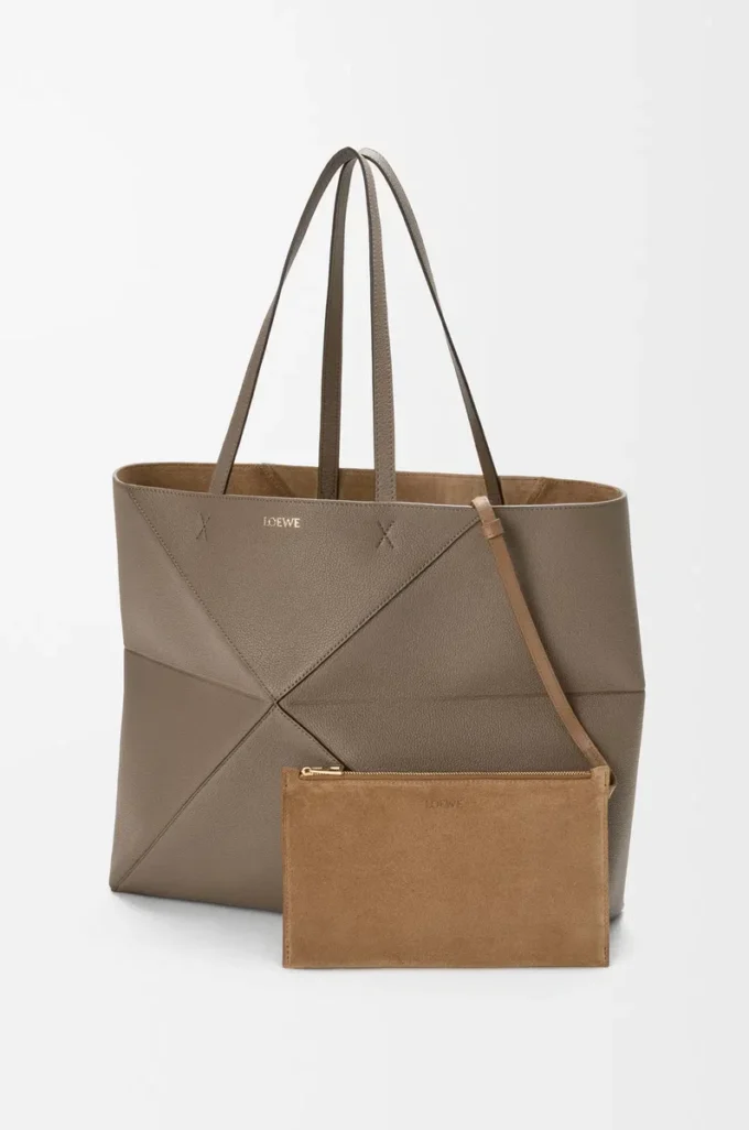 Large horizontal Puzzle Fold tote in soft grained calfskin Taupe
