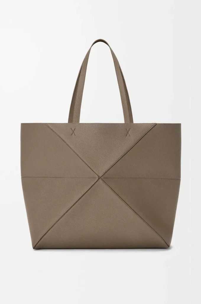 Large horizontal Puzzle Fold tote in soft grained calfskin Taupe