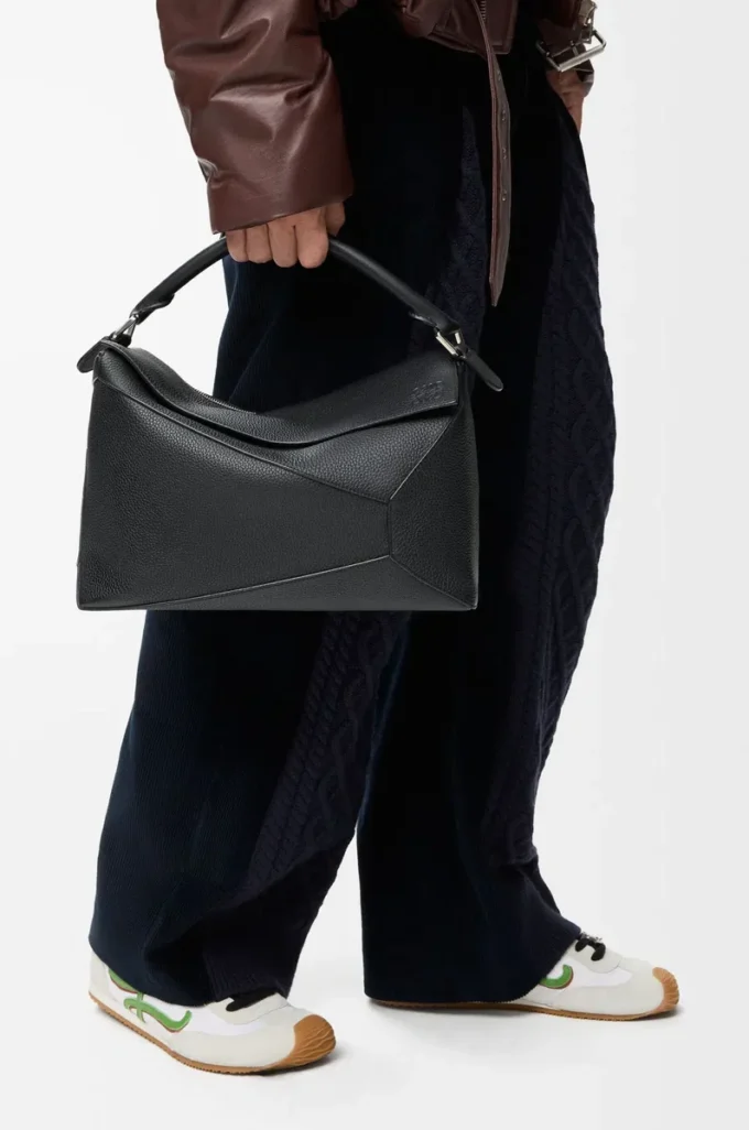 Large Puzzle Edge bag in grained calfskin Black