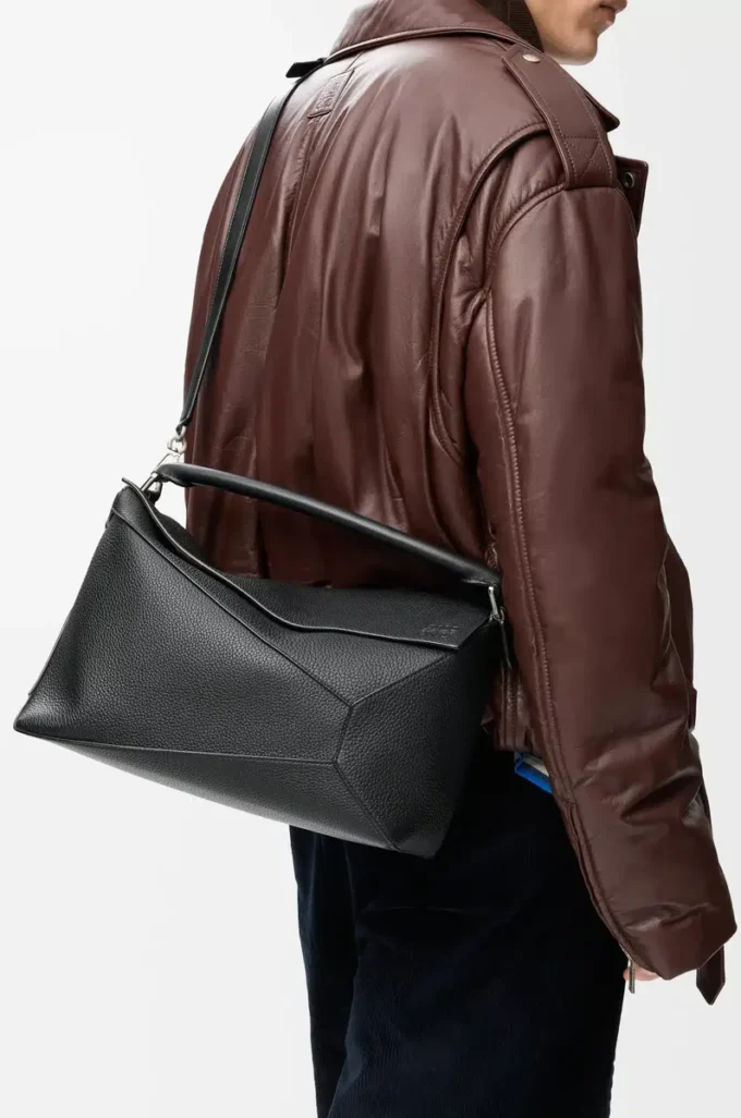 Large Puzzle Edge bag in grained calfskin Black