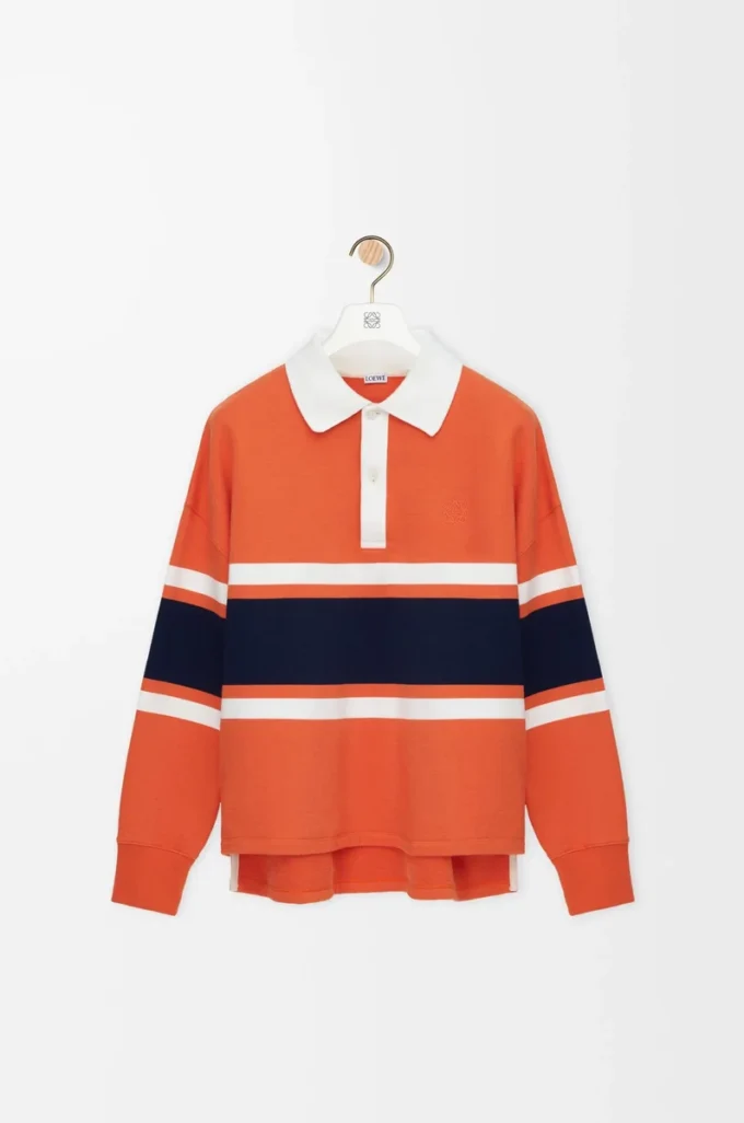 Long sleeve polo shirt in cotton Orange/Navy Blue