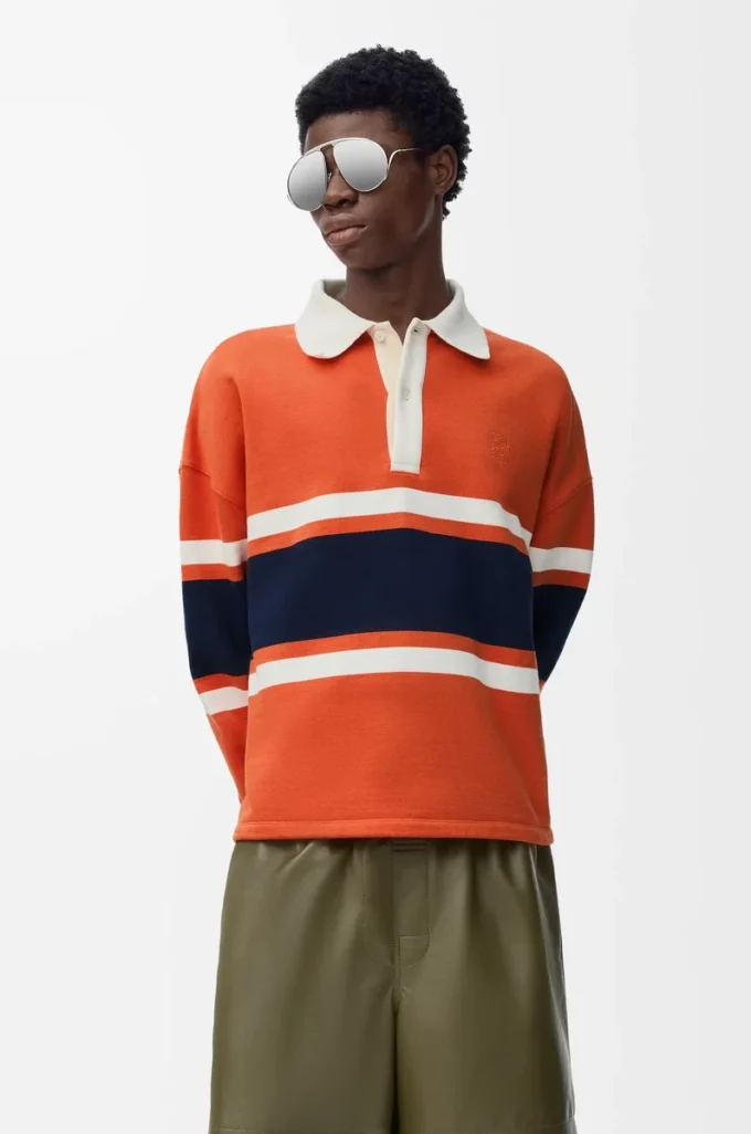Long sleeve polo shirt in cotton Orange/Navy Blue