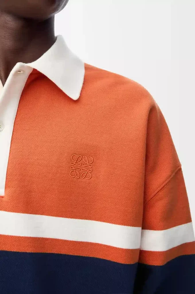 Long sleeve polo shirt in cotton Orange/Navy Blue