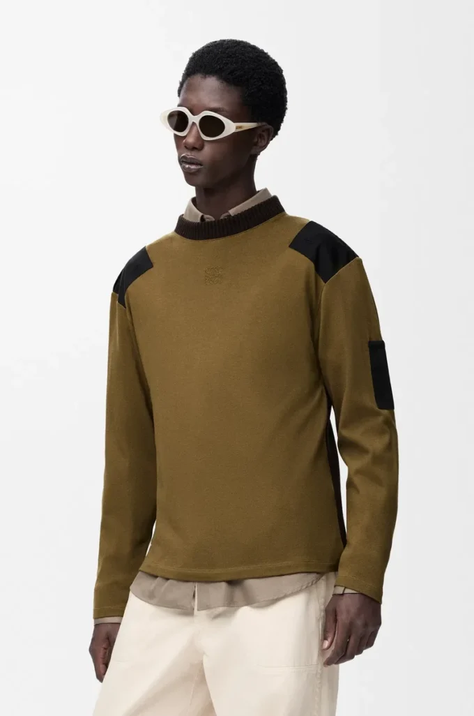 Long sleeve top in cotton blend Khaki/Black Long sleeve top in cotton blend Khaki/Black