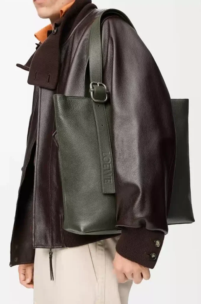 Loop zipped tote in supple grained calfskin Dark Khaki