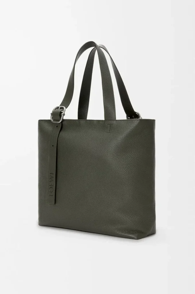 Loop zipped tote in supple grained calfskin Dark Khaki