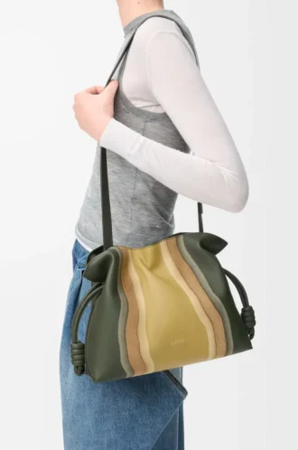 Medium Flamenco clutch Landscape in nappa calfskin Bottle Green/Ochre
