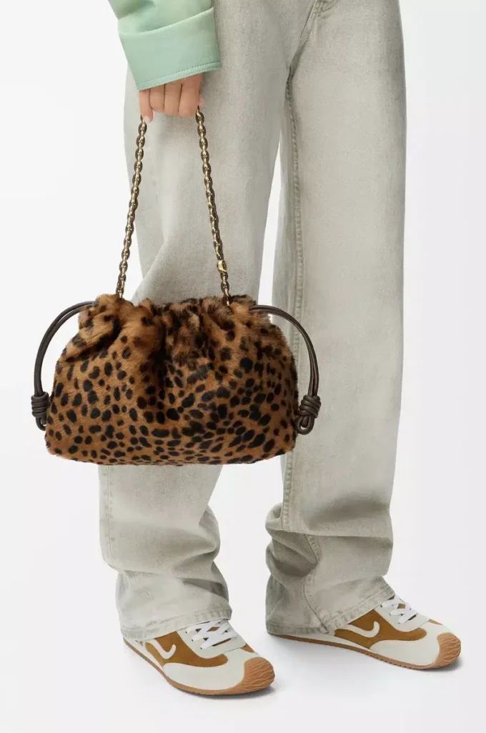 Medium Flamenco purse in printed shearling Beige/Brown Medium Flamenco purse in printed shearling Beige/Brown