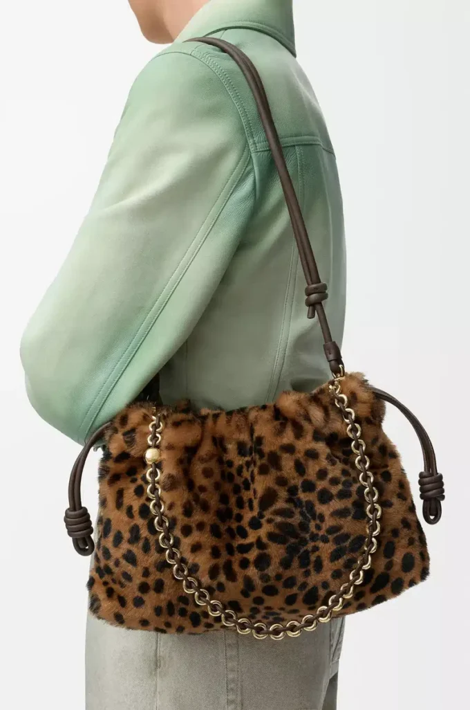 Medium Flamenco purse in printed shearling Beige/Brown Medium Flamenco purse in printed shearling Beige/Brown