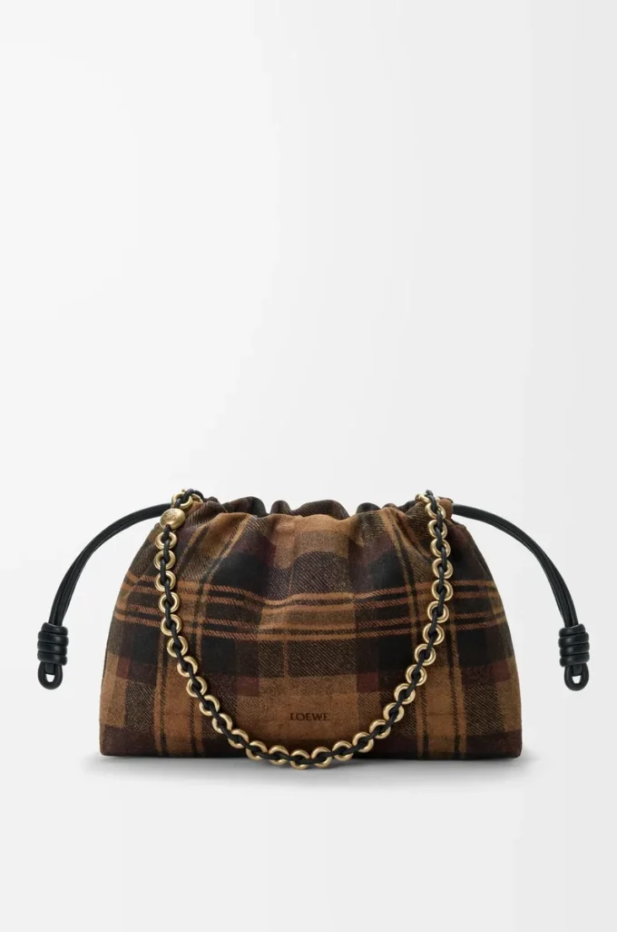 Medium Flamenco purse in tartan suede Tan/Black