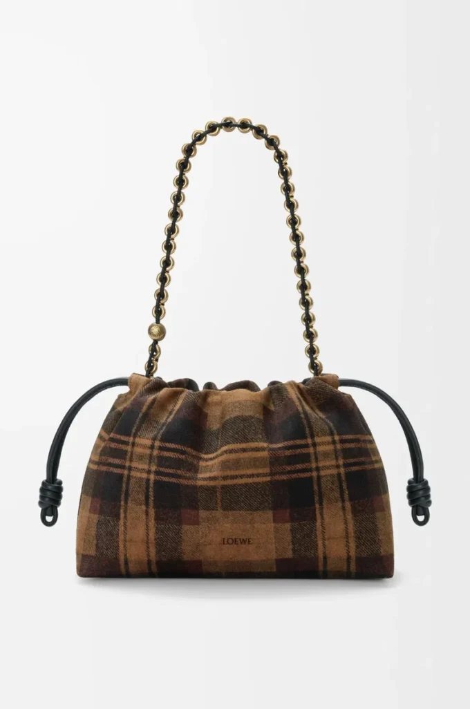 Medium Flamenco purse in tartan suede Tan/Black