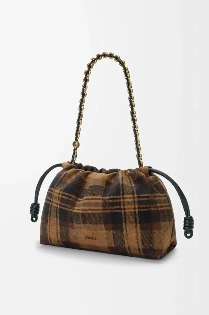 Medium Flamenco purse in tartan suede Tan/Black