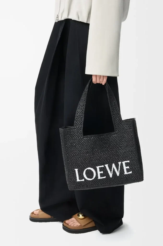 Medium LOEWE Font tote in raffia Black