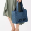 Medium LOEWE Font tote in raffia Light Blue