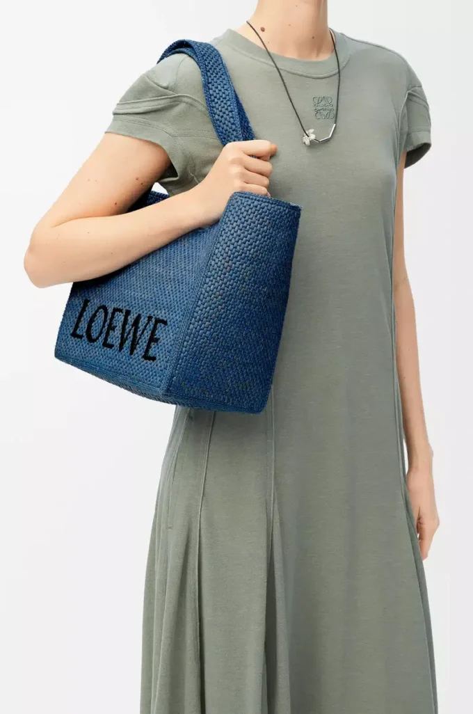 Medium LOEWE Font tote in raffia Light Blue