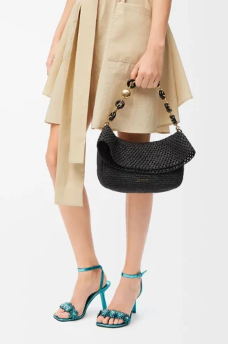 Medium Ola bag in raffia and calfskin Black
