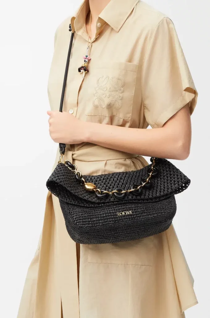 Medium Ola bag in raffia and calfskin Black