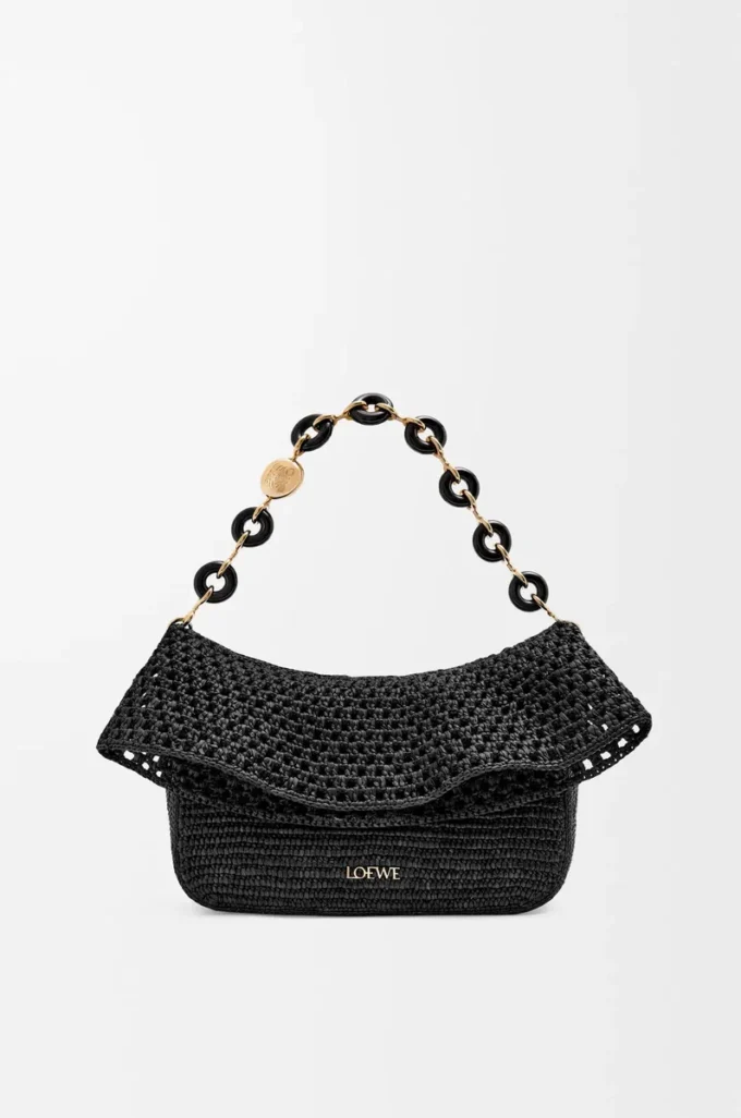 Medium Ola bag in raffia and calfskin Black