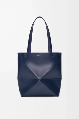 Medium Puzzle Fold tote in shiny calfskin Abyss Blue