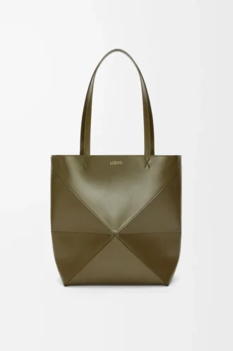 Medium Puzzle Fold tote in shiny calfskin Dark Khaki