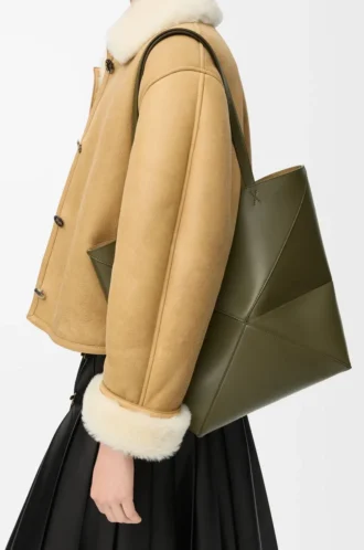Medium Puzzle Fold tote in shiny calfskin Dark Khaki