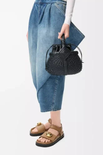 Mini Diamond Round Basket bag in calfskin Black