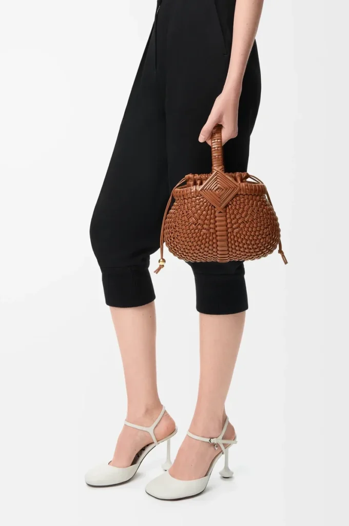 Mini Diamond Round Basket bag in calfskin Dark Tan Mini Diamond Round Basket bag in calfskin Dark Tan