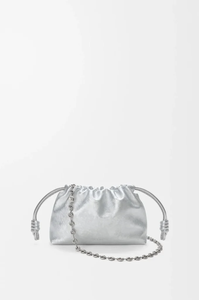 Mini Flamenco purse in moiré printed calfskin Silver