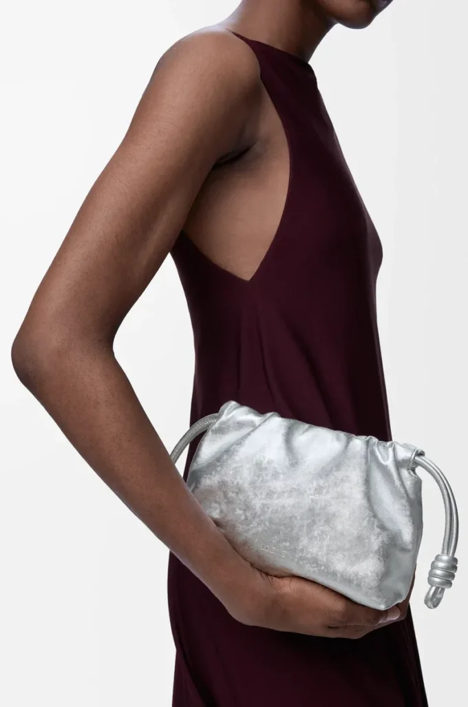 Mini Flamenco purse in moiré printed calfskin Silver