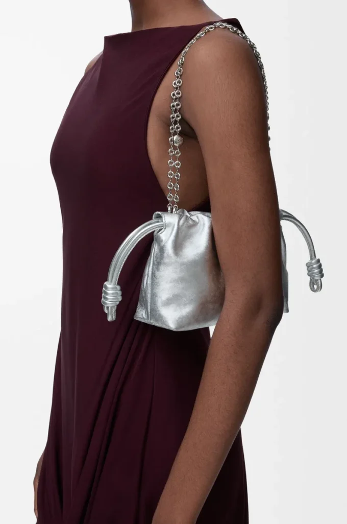 Mini Flamenco purse in moiré printed calfskin Silver